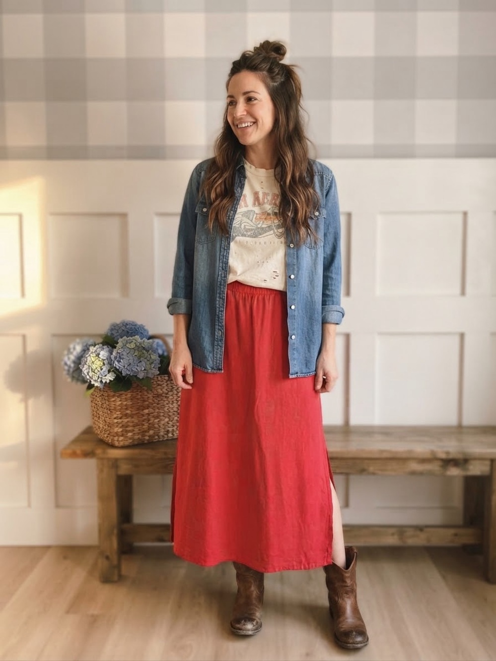 GAP Coral-Red Maxi Skirt with Side Slit Large